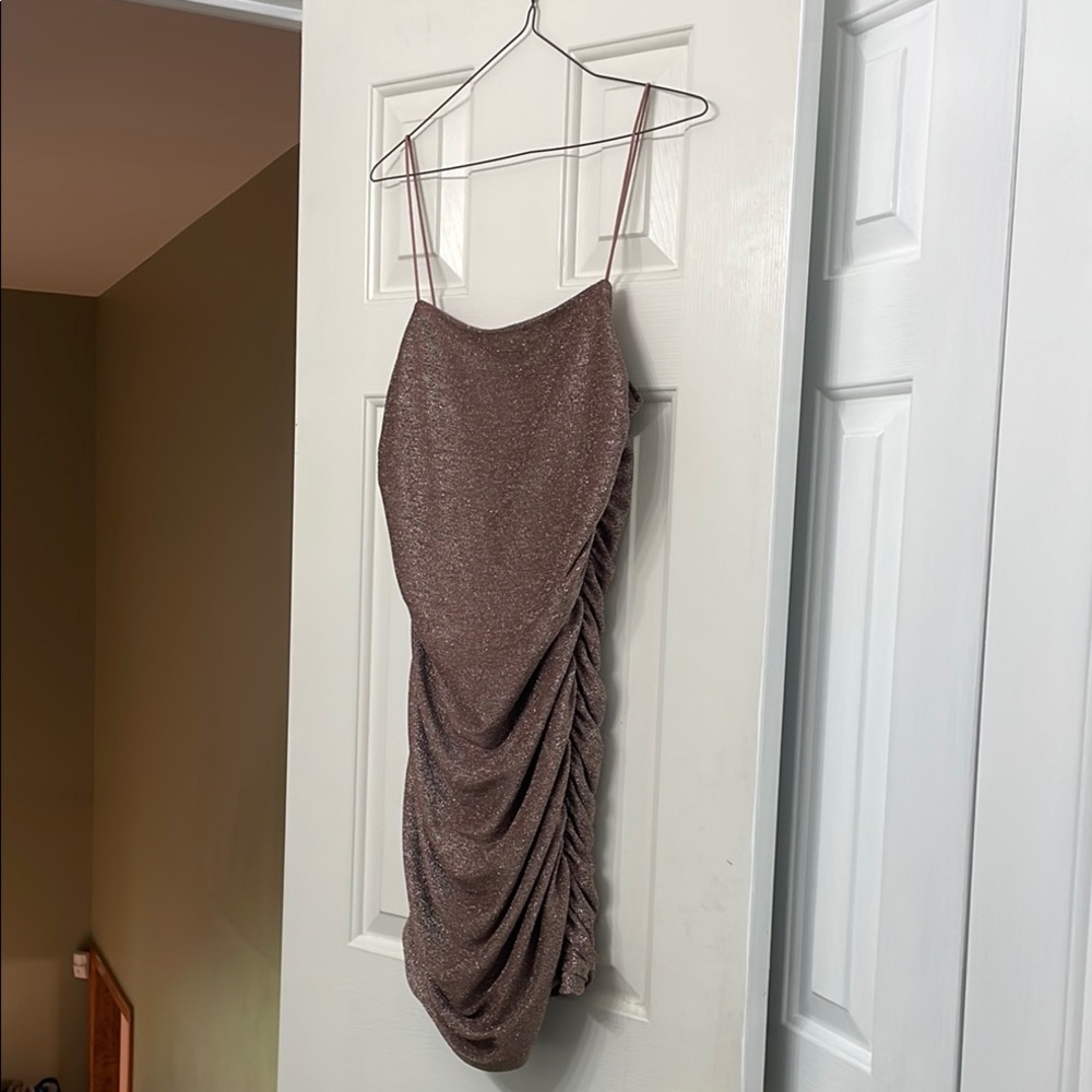 SHEIN Brown Sparkling Ruched Spaghetti Strap Mini Dress in size medium.